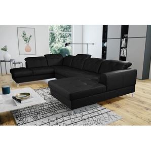 Wohnlandschaft Schwarz/Schwarz Echtleder Mabra 338 x 105 x 219cm Longchair davorstehend rechts / Ottomane links Modern