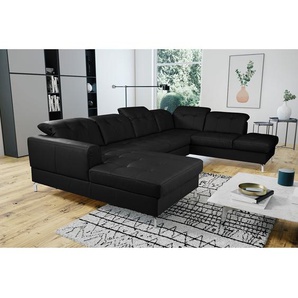 Wohnlandschaft Schwarz/Schwarz Echtleder Mabra 338 x 106 x 219cm Longchair davorstehend links / Ottomane rechts Modern