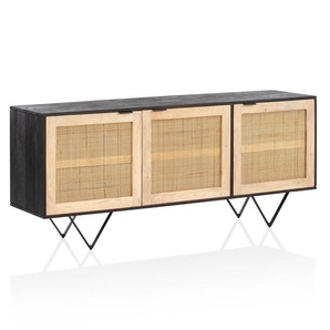 WOHNLING Sideboard 175x75x45 cm Mango Massivholz / Rattan Kommode mit 3 Türen Hoher Kommodenschrank Schwarz / Braun Standschrank Wohnzimmer Anrichte WL6.799