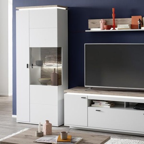 Wohnwand Amantea, Modern white, Viking Oak Nachbildung, inkl. Oberbodenbeleuchtung