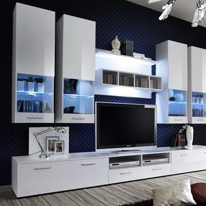 Wohnwand Anbauwand Wohnzimmer Schrankwand DORADE mit Hochglanz LED Beleuchtung