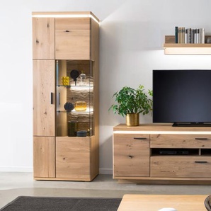 Wohnwand Barcelona, Balkeneiche massiv, Eiche bianco furniert, inkl. Oberboden-Beleuchtung