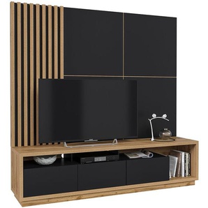 Wohnwand braun & schwarz CONWY-83 Modern in schwarz matt mit Eiche Nb., 3-teilig