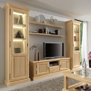 Wohnwand 5-teilig Massivholz Pinie, gebeizt & lackiert Beige 310 x 217 x 47cm mit Beleuchtung