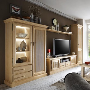 Wohnwand II 4-teilig Massivholz Pinie, gebeizt & lackiert Beige 396 x 217 x 47cm mit Beleuchtung
