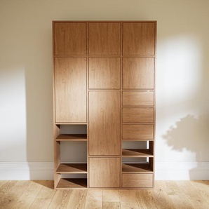 Wohnwand Eiche - Individuelle Designer-Regalwand: Schubladen in Eiche & Türen in Eiche - Hochwertige Materialien - 118 x 195 x 34 cm, Konfigurator