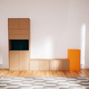 Wohnwand Eiche - Individuelle Designer-Regalwand: Schubladen in Eiche & Türen in Eiche - Hochwertige Materialien - 264 x 195 x 34 cm, Konfigurator