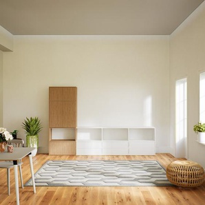 Wohnwand Eiche - Individuelle Designer-Regalwand: Schubladen in Weiß & Türen in Eiche - Hochwertige Materialien - 300 x 195 x 34 cm, Konfigurator