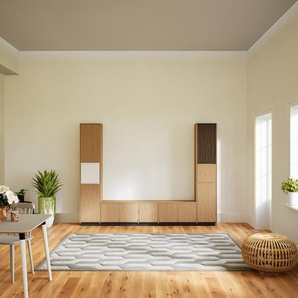Wohnwand Eiche - Individuelle Designer-Regalwand: Türen in Eiche - Hochwertige Materialien - 267 x 200 x 34 cm, Konfigurator