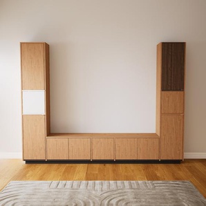 Wohnwand Eiche - Individuelle Designer-Regalwand: Türen in Eiche - Hochwertige Materialien - 267 x 200 x 34 cm, Konfigurator