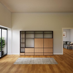 Wohnwand Eiche - Individuelle Designer-Regalwand: Schubladen in Eiche & Türen in Eiche - Hochwertige Materialien - 264 x 195 x 34 cm, Konfigurator