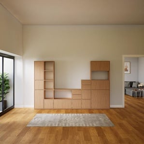 Wohnwand Eiche - Individuelle Designer-Regalwand: Schubladen in Eiche & Türen in Eiche - Hochwertige Materialien - 305 x 195 x 34 cm, Konfigurator