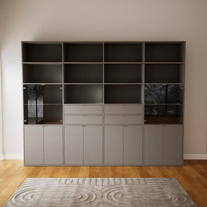 Wohnwand Grau - Individuelle Designer-Regalwand: Schubladen in Grau & Türen in Grau - Hochwertige Materialien - 300 x 232 x 47 cm, Konfigurator