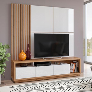 Wohnwand HELVETIA Celine Kastenmöbel-Sets Gr. B/H/T: 200 cm x 196 cm x 45 cm, wotan eiche - weiss hgl, weiß (wotan eiche, hgl) Wohnwände Breite 200 cm.