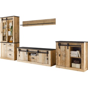 Wohnwand HOME AFFAIRE SHERWOOD, braun (old style hell dekor), B:388cm H:201cm T:43cm, Kastenmöbel-Sets, mit Scheunentorbeschlag, Apothekergriffe aus Metall, Breite ca. 388 cm, Topseller