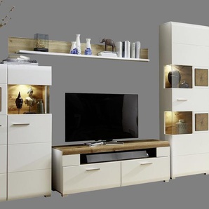 Wohnwand INNOSTYLE FUN PLUS, weiß (weiß matt), B:325cm H:205cm T:47cm, Holzwerkstoff, Glas, Metall, Kastenmöbel-Sets, inkl. LED-Beleuchtung, Topseller