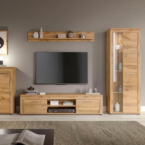 Wohnwand INOSIGN Aosta, Breite 330cm, best. aus Highboard, Lowboard, Wandboard, Vitrine, braun (wotan eiche), B:330cm H:159cm T:35cm, Holzwerkstoff, Kastenmöbel-Sets, Wohnwand, Kombination, Anbauwand, Möbel Set, Schrankwand, Möbel Kombi, Topseller