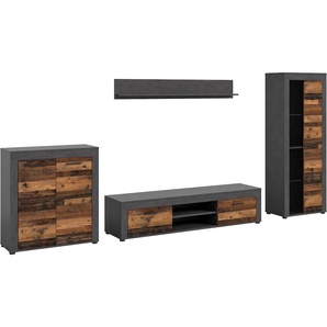 Wohnwand INOSIGN Aosta, Breite 330cm, best. aus Highboard, Lowboard, Wandboard, Vitrine, grau (matera grau, old wood), B:330cm H:159cm T:35cm, Holzwerkstoff, Kastenmöbel-Sets, Wohnwand, Kombination, Anbauwand, Möbel Set, Schrankwand, Möbel Kombi,