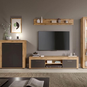 Wohnwand INOSIGN Aosta, Breite 330cm, best. aus Highboard, Lowboard, Wandboard, Vitrine, grau (wotan eiche, grau), B:330cm H:159cm T:35cm, Holzwerkstoff, Kastenmöbel-Sets, Wohnwand, Kombination, Anbauwand, Möbel Set, Schrankwand, Möbel Kombi, Topseller