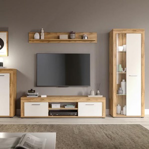 Wohnwand INOSIGN Aosta, Breite 330cm, best. aus Highboard, Lowboard, Wandboard, Vitrine, weiß (wotan eiche nachbildung, weiß), B:330cm H:159cm T:35cm, Holzwerkstoff, Kastenmöbel-Sets, Wohnwand, Kombination, Anbauwand, Möbel Set, Schrankwand, Möbel Kombi,