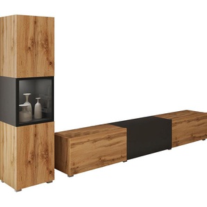 Wohnwand INOSIGN BERLIN I, schwarz (eichefarbe votan, graphite schwarz matt, eichefarbe votan, graphite schwarz matt), B:220cm H:130cm T:33cm, Hartfaserplatte, ABS-Kunststoff, Glas, Kastenmöbel-Sets, moderne grifflose Mediawand Breite 220 cm, Vitrine mit