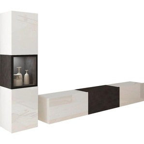 Wohnwand INOSIGN BERLIN I, weiß (weiß matt, matera anthrazit, weiß hgl, matera anthrazit), B:220cm H:130cm T:33cm, Hartfaserplatte, ABS-Kunststoff, Glas, Kastenmöbel-Sets, moderne grifflose Mediawand Breite 220 cm, Vitrine mit Verglasung