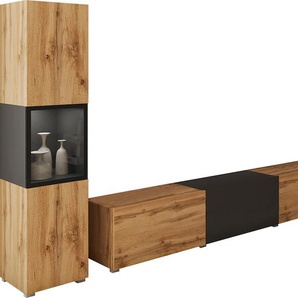 Wohnwand INOSIGN BERLIN III, schwarz (eichefarbe votan, graphite schwarz matt, eichefarbe votan, graphite schwarz matt), B:260cm H:130cm T:33cm, Hartfaserplatte, ABS-Kunststoff, Glas, Kastenmöbel-Sets, moderne grifflose Mediawand Breite 260 cm, Vitrine