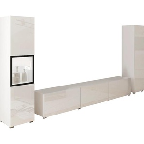 Wohnwand INOSIGN BERLIN III, weiß (weiß matt, weiß hochglanz), B:260cm H:130cm T:33cm, Hartfaserplatte, ABS-Kunststoff, Glas, Kastenmöbel-Sets, moderne grifflose Mediawand Breite 260 cm, Vitrine mit Verglasung