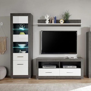 Wohnwand INOSIGN Etero Kastenmöbel-Sets grau (dark concret, weiß mdf hochglanz, applikation dark concret) Hochglanz Wohnwände Moderne Wohnwand Kastenmöbel-Sets
