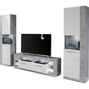 Wohnwand INOSIGN Gwendolyn Kastenmöbel-Sets Gr. B: 290 cm, weiß (beton, optik, weißglanz) Moderne Wohnwände Wohnwand Kastenmöbel-Sets pflegeleichtes Design, Beleuchtung optional, vielseitig kombinierbar