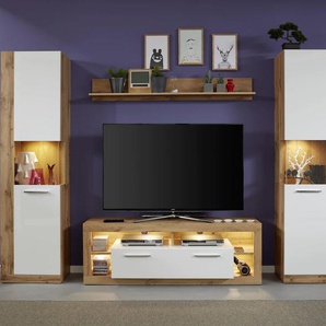 Wohnwand INOSIGN Gwendolyn Kastenmöbel-Sets Gr. B: 290 cm, weiß (wotan eichefarben, weißglanz) Moderne Wohnwände Wohnwand Kastenmöbel-Sets pflegeleichtes Design, Beleuchtung optional, vielseitig kombinierbar