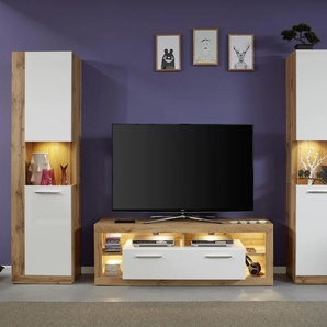 Wohnwand INOSIGN Gwendolyn Kastenmöbel-Sets Gr. B: 290 cm, weiß (wotan eichefarben, weißglanz) Moderne Wohnwände Wohnwand Kastenmöbel-Sets pflegeleichtes Design, Beleuchtung optional, vielseitig kombinierbar