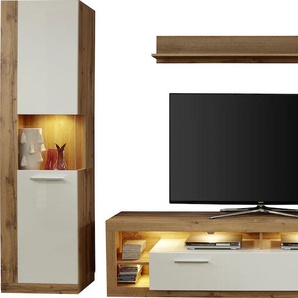 Wohnwand INOSIGN Gwendolyn Kastenmöbel-Sets Gr. B: 340 cm, weiß (wotan eichefarben, glanz) Moderne Wohnwände Wohnwand Kastenmöbel-Sets pflegeleichtes Design, Beleuchtung optional, vielseitig kombinierbar