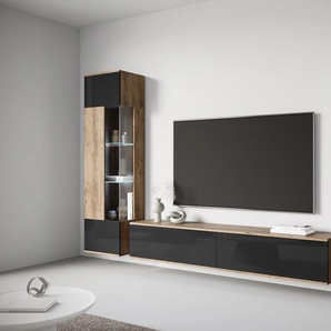 Wohnwand INOSIGN Kenia, schwarz (kastanie breslau, schwarz), Holzwerkstoff, Hartfaserplatte, Glas, Kunststoff, Kastenmöbel-Sets, Vitrinen mit Eckverglasung, hängend und stehend montierbar