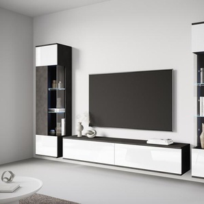 Wohnwand INOSIGN Kenia, schwarz-weiß (matera anthrazit, weiß hochglanz), Holzwerkstoff, Hartfaserplatte, Glas, Kunststoff, Kastenmöbel-Sets, Vitrinen mit Eckverglasung, hängend und stehend montierbar