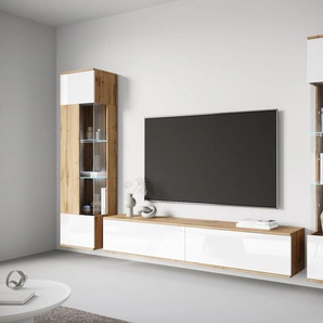 Wohnwand INOSIGN Kenia, weiß (eichefarben votan, weiß), Holzwerkstoff, Hartfaserplatte, Glas, Kunststoff, Kastenmöbel-Sets, Vitrinen mit Eckverglasung, hängend und stehend montierbar