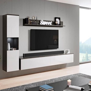 Wohnwand INOSIGN PARIS, schwarz-weiß (matera anthrazit, weiß hochglanz), B:220cm H:130cm T:33cm, Kastenmöbel-Sets, TV-Wand 220cm breite, grifflose Design, stehend und hängend montierbar