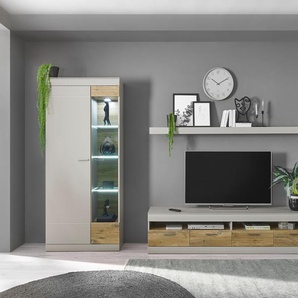 Wohnwand INOSIGN SCARA Kastenmöbel-Sets Gr. B/H/T: 300 cm x 199 cm x 45 cm, grau (kieselgrau) Wohnwände trendige Farbe mit Applikation Zinneiche Dekor, Softclose-Funktion