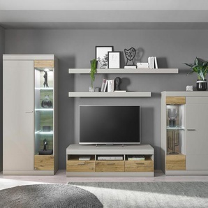 Wohnwand INOSIGN SCARA Kastenmöbel-Sets Gr. B/H/T: 350 cm x 199 cm x 45 cm, grau (kieselgrau) Wohnwände trendige Farbe mit Applikation Zinneiche Dekor, Softclose-Funktion