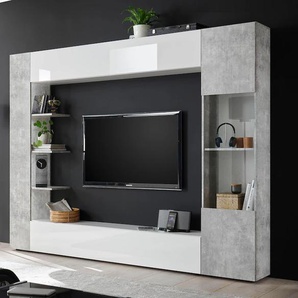 Wohnwand INOSIGN Sorano, weiß (weiß matt, weiß hochglanz lack, beton, optik), Kastenmöbel-Sets, Kompaktwohnwand mit viel Stauraum