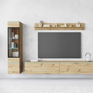 Wohnwand INOSIGN VERA II, braun (eichefarben artisan), B:260cm H:130cm T:33cm, Kastenmöbel-Sets, Vitrine mit Verglasung, stehend und hängend, inklusive Beleuchtung, Topseller