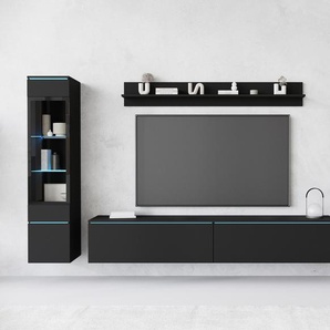 Wohnwand INOSIGN VERA II, schwarz (graphit schwarz matt), B:260cm H:130cm T:33cm, Kastenmöbel-Sets, Vitrine mit Verglasung, stehend und hängend, inklusive Beleuchtung, Topseller