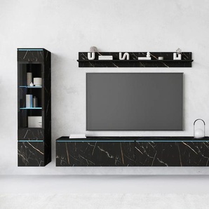 Wohnwand INOSIGN VERA II, schwarz (san sebastian), B:260cm H:130cm T:33cm, Kastenmöbel-Sets, Vitrine mit Verglasung, stehend und hängend, inklusive Beleuchtung, Topseller