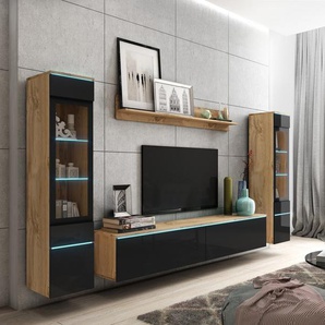 Wohnwand INOSIGN VERA II, votaneichefarben, schwarz hochglanz, B:260cm H:130cm T:33cm, Kastenmöbel-Sets, Vitrine mit Verglasung, stehend und hängend, inklusive Beleuchtung, Topseller