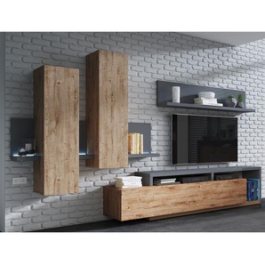 Wohnwand 3-teilig Spanplatte, foliert Grau/Eiche Dekor/Anthrazit 305 x 160 x 45cm