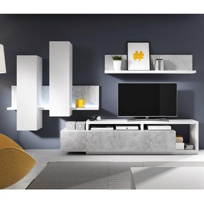 Wohnwand 3-teilig Spanplatte, foliert Grau/Weiß/Weiß/Beton Dekor 305 x 160 x 45cm