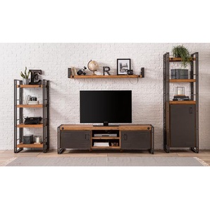 Wohnwand II 4-teilig Front: MDF Mitteldichte Holzfaserplatte , beschichtet Ablage & Korpus: Massivholz Akazie, gebürstet & lackiert Griffe &