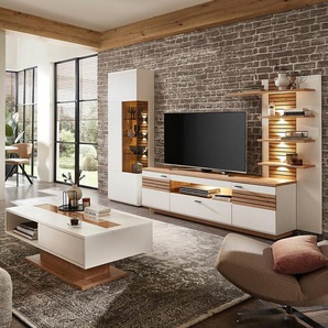 Wohnwand mit Couchtisch, weiß mit Eiche, FALLON-55, modern, 4-teilig