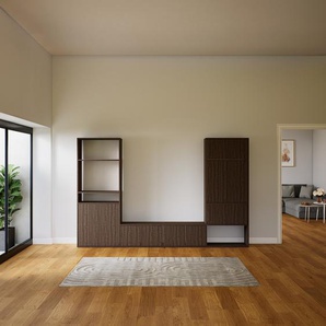Wohnwand Nussbaum - Individuelle Designer-Regalwand: Türen in Nussbaum - Hochwertige Materialien - 305 x 195 x 34 cm, Konfigurator