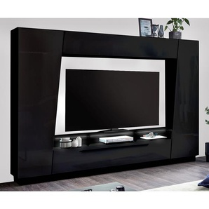 Wohnwand Reedley 4-teilig Spanplatte, beschichtet Schwarz/Hochglanz Schwarz 275 x 195 x 40cm
